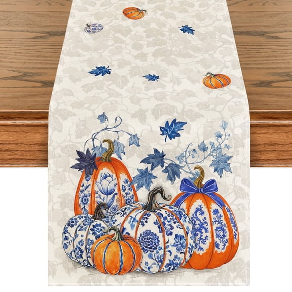 Sm:)e Pumpkins Maple Leaf Blue and White Porcelain Fall Table Runner 13x72 Inch, Seasonal Autumn Decor for Kitchen Dining Home Gathering