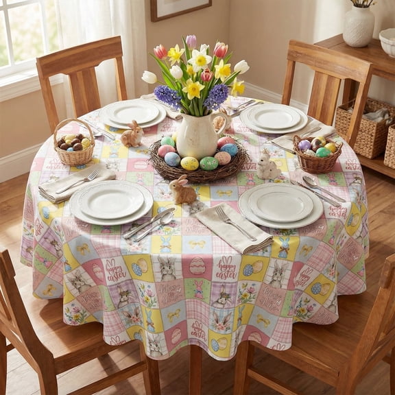 Sm:)e Puzzle Checkered Eggs Flowers Bunny Easter Tablecloth - 60Inch Round Polyester, Machine Washable & Reusable Table Cover for Indoor & Outdoor Use