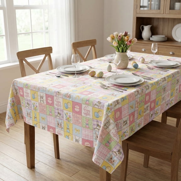 Sm:)e Puzzle Checkered Eggs Flowers Bunny Easter Tablecloth - 60x104 Inch Polyester, Machine Washable & Reusable Table Cover for Indoor & Outdoor Use