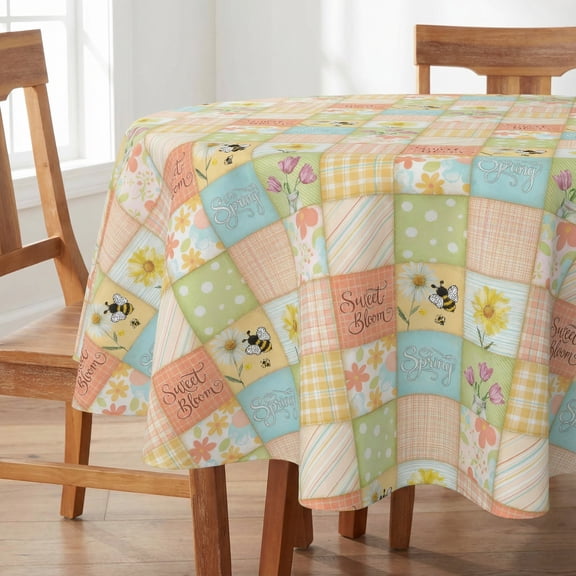 Sm:)e Puzzle Checkerwork Spring Tablecloth - 60 Inch Round, Sweet Bloom Daisy Bee Floral Polyester, Machine Washable & Reusable Table Cover for Indoor & Outdoor Use