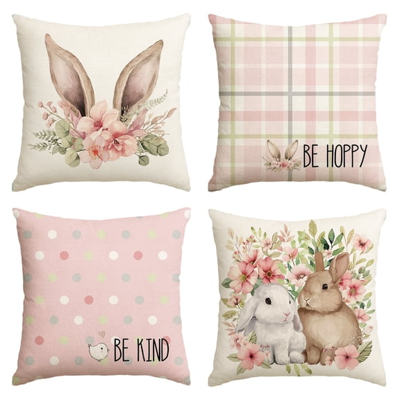 Sm:)e Rabbit Flower Buffalo Plaid Be Hoppy Easter Throw Pillow Cover, 18 x 18 Inch Polka Dot Bird Be Kind Cushion Case Decoration for Sofa Couch Set of 4