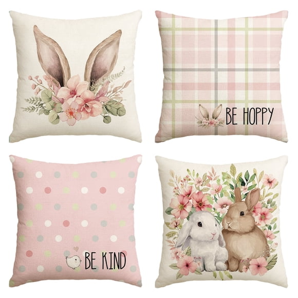 Sm:)e Rabbit Flower Buffalo Plaid Be Hoppy Easter Throw Pillow Cover, 18 x 18 Inch Polka Dot Bird Be Kind Cushion Case Decoration for Sofa Couch Set of 4