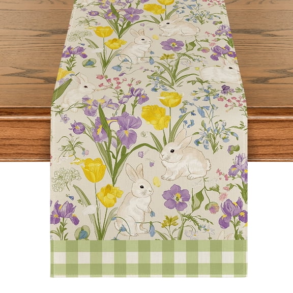 Sm:)e Rabbits Ducks Floral Leaves Easter Table Runner 13x72 Inch