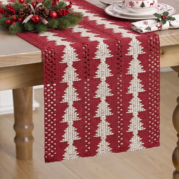 Sm:)e Red Base With Beige Christmas Tree Pattern,Woven Christmas Table Runner,12x120 Inch Rustic Christmas Style, Decorations for Kitchen & Dining Tables, Home Parties