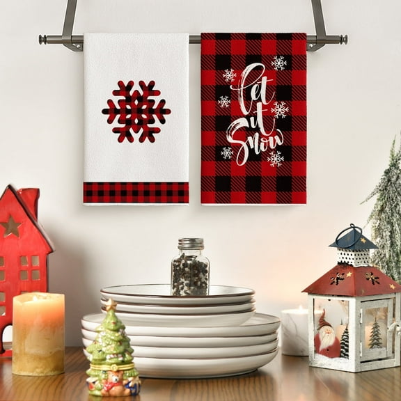 Sm:)e Red Black Buffalo Plaid Let It Snow Snowflake Winter Christmas Kitchen Dish Towels 18 x 26 Inch Set of 2
