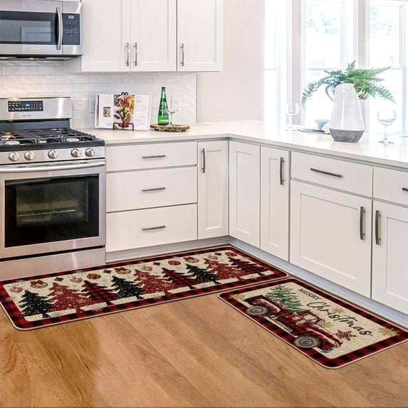 Sm:)e Red Black Plaid Truck Pine Tree Christmas Kitchen Rugs and Mats, 17x29Inch and 17x47 Inch, Non Slip Linen Mat Inside Washable for Porch Patio Hallway