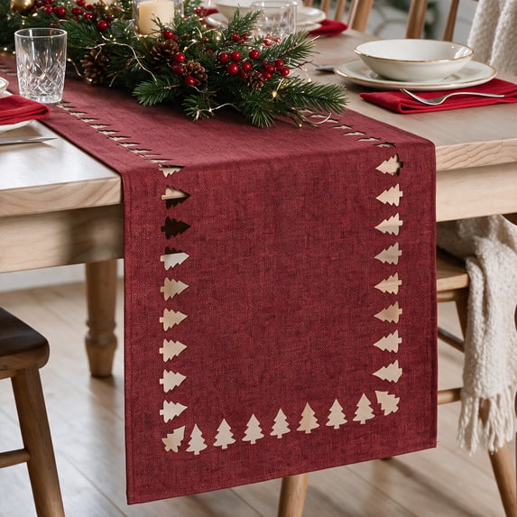 Sm:)e Red Christmas Tree Hollow Out Laser Cut Christmas Table Runner, Washable Kitchen Dining Table Decoration for Home Party Decor, 13x90 Inch