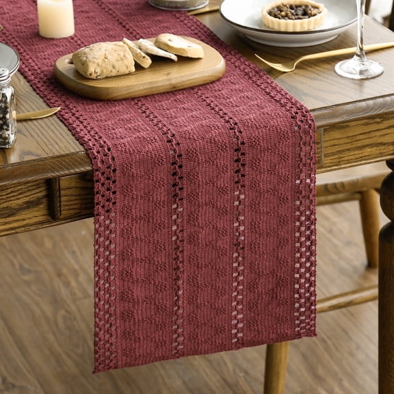 Sm:)e Red Farmhouse Woven Rustic Hollow Table Runner, Boho Table Runner 12x60 Inch, Dining Kitchen Home Decor