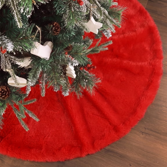 Sm:)e Red Faux Fur Christmas Tree Skirt 36 Inch, Rustic Farmhouse Soft Plush Round Snow Trees Mat Base Cover for Holiday Home Decorations