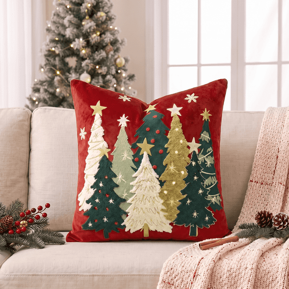 Sm:)e Red Green Tree Snowflakes Christmas Throw Pillow Covers 18x18 Inch, Soft Plush Faux Fur 3D Embroidered Decorative Cushion Covers for Sofa Home Decor