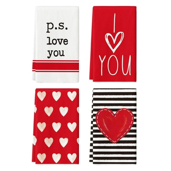 Sm:)e Red Heart I Love You Valentine's Day Kitchen Dish Towels Stripe, 18x26 Inch Hand Towels Set of 4