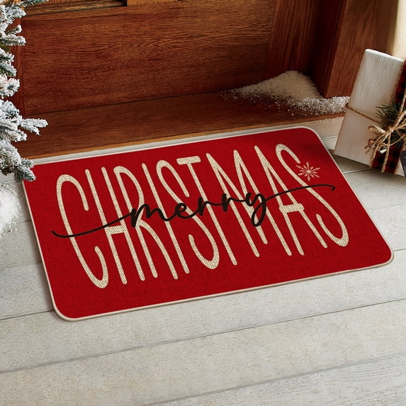 Sm:)e Red Merry Christmas Snowflake Welcome Decorative Doormat, Seasonal Winter Low-Profile Floor Rug Switch Mat for Outdoor 17x29 Inch