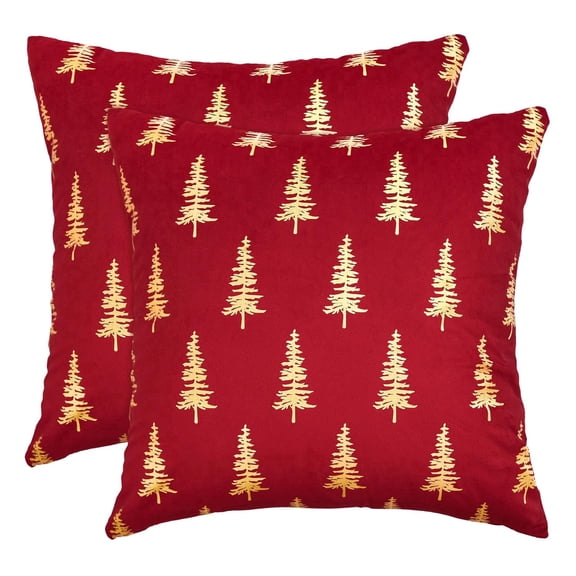 Sm:)e Red Pine Tree Velvet Christmas Throw Pillow Covers 18x18 Inch Set of 2, Gold Foil Print Luxury Decorative Cushion Covers for Sofa Home Decor