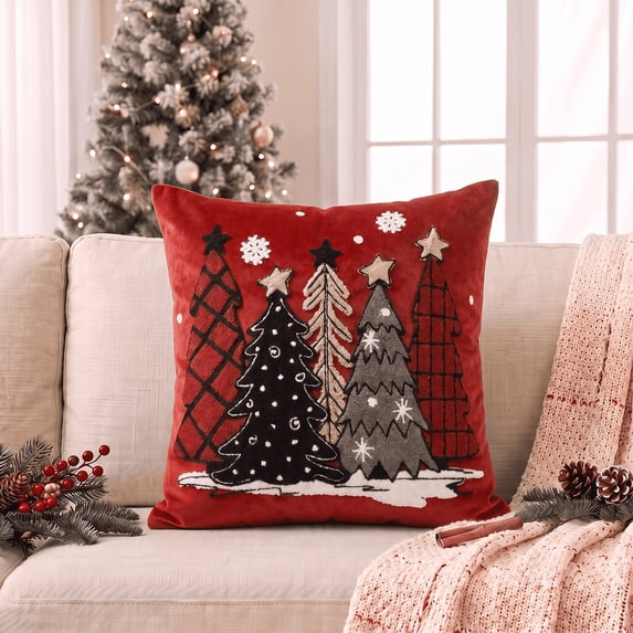Sm:)e Red Pine Tree Snowflakes Christmas Throw Pillow Covers 18x18 Inch, Soft Plush Faux Fur 3D Embroidered Decorative Cushion Covers for Sofa Home Decor