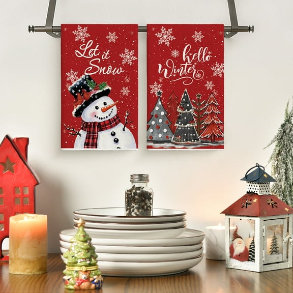 Sm:)e Red Snowman Let It Snow Xmas Trees Hello Winter Kitchen Towels Dish Towels, 18x26 Inch Daily Seasonal Christmas Decoration Hand Towels Set of 2
