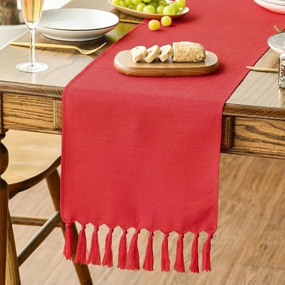 Sm:)e Red Tassel Table Runner, 13x48 Inch, Boho Linen Blend Rustic Farmhouse Style, Holiday Wedding Party Kitchen Table Decor
