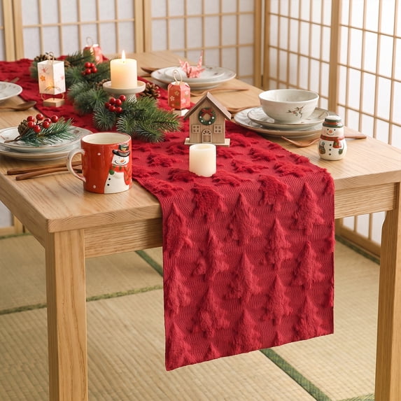 Sm:)e Red Tree Christmas Table Runner 13x60 Inch, Soft Plush Faux Fur Mantel Kitchen Dining Table Decor, Winter Xmas Party