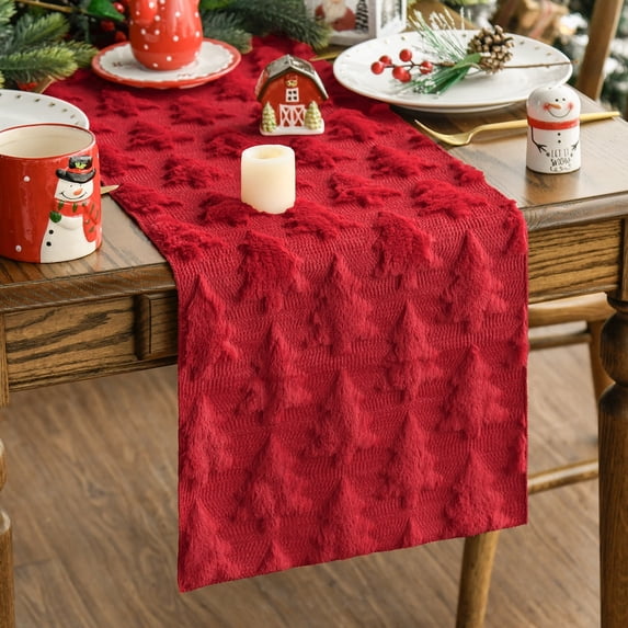 Sm:)e Red Tree Christmas Table Runner 13x60 Inch, Soft Plush Faux Fur Mantel Kitchen Dining Table Decor, Winter Xmas Party