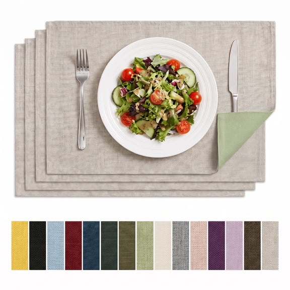 Sm:)e Reversible Fabric Beige Sage Green Placemats, Set of 4, 12 x 18 Inch, Seasonal Classic Washable Kitchen Dining Table Decor for Home Party, 160g (0.35 lb)