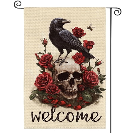Sm:)e Rose Crow Skull Day of The Dead Garden Flag 12 x 18 Inch, Double Sided, Welcome Burlap Yard Porch Seasonal Holiday Outdoor Decor