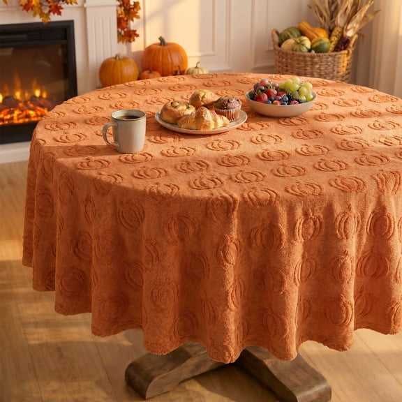 Sm:)e Round 60 Inch Fall Tablecloth, Soft Cozy Faux Fur 3D Embroidered Pumpkin