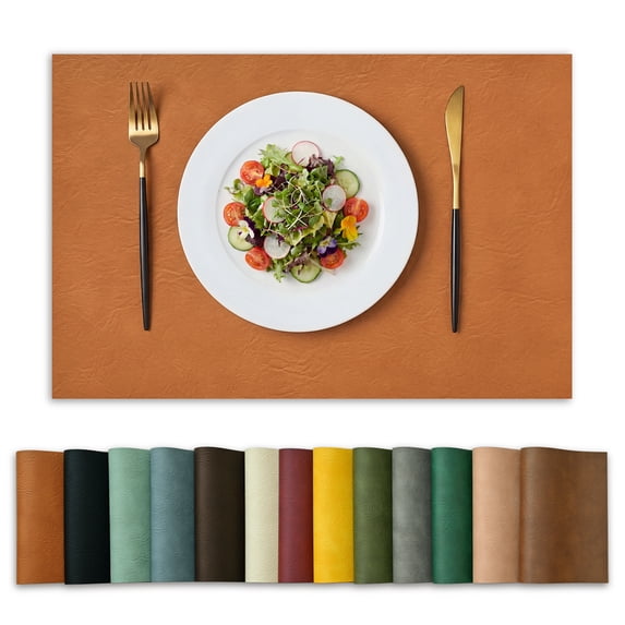 Sm:)e Rust Faux Leather Placemats Set of 4, 12x18 Inch, Waterproof Oil-Proof Wipeable PU Place Mats, Heat Resistant Reversible Table Mats for Kitchen, Dining, Outdoor