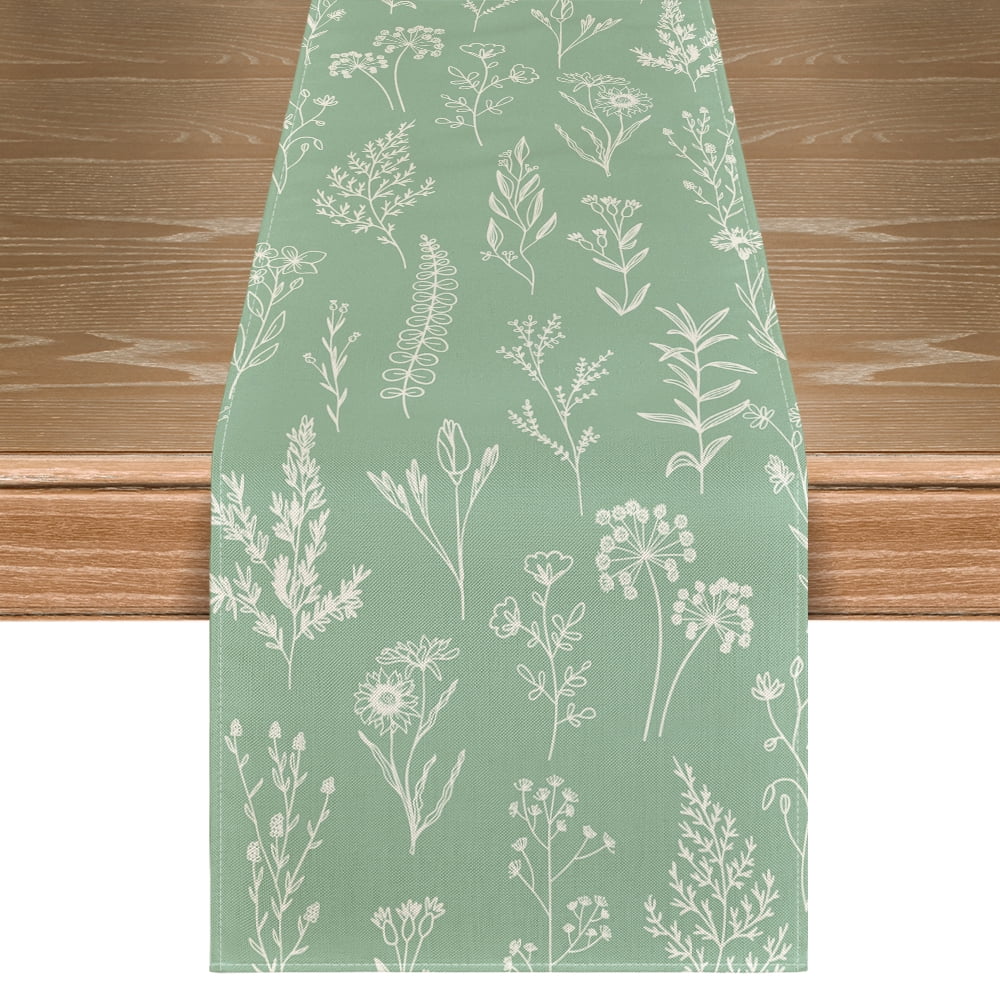 Sm:)e Seasonal 13 x 72 Easy Care Polyester Table Runner, Sage Green Leaves Flowers Table Runner