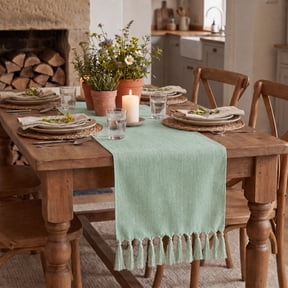 Sm:)e Sage Green Tassel Table Runner, 13x48 Inch, Boho Linen Blend Rustic Farmhouse Style, Holiday Wedding Party Kitchen Table Decor