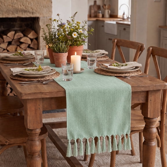 Sm:)e Sage Green Tassel Table Runner, 13x48 Inch, Boho Linen Blend Rustic Farmhouse Style, Holiday Wedding Party Kitchen Table Decor