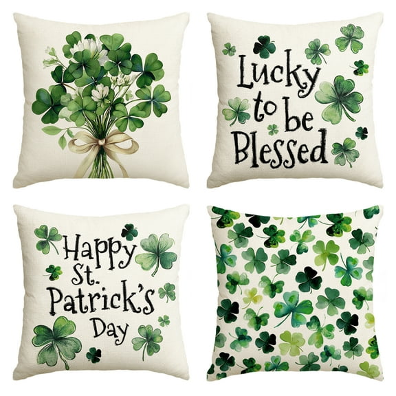 Sm:)e Saint Patricks Day Pillow Covers Set of 4, 18x18Inch Shamrocks Floral To be Blessed Outdoor Cushion Case for Sofa Couch