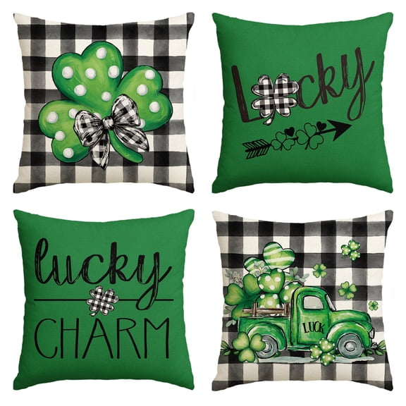 Sm:)e Saint Patricks Day Pillow Covers Set of 4, Green, 18x18Inch Green Shamrock Truck Outdoor Cushion Case for Sofa Couch