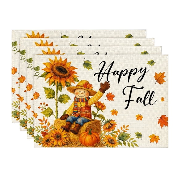 Sm:)e Scarecrow Maple Leaves Sunflower Pumpkin Fall Placemats Set of 4, 12x18 Inch, Seasonal Autumn Decor for Kitchen Dining Table Home Party