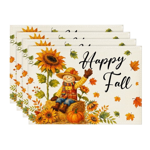 Sm:)e Scarecrow Maple Leaves Sunflower Pumpkin Fall Placemats Set of 4, 12x18 Inch, Seasonal Autumn Decor for Kitchen Dining Table Home Party