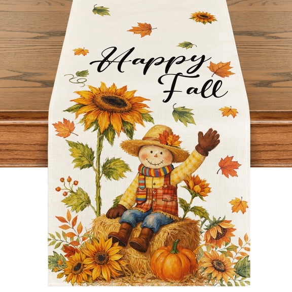 Sm:)e Scarecrow Maple Leaves Sunflower Pumpkin Fall Table Runner 13x72 Inch, Seasonal Autumn Decor for Kitchen Dining Table Home Party