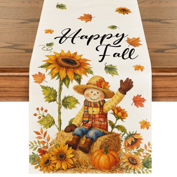 Sm:)e Scarecrow Maple Leaves Sunflower Pumpkin Fall Table Runner 13x72 Inch, Seasonal Autumn Decor for Kitchen Dining Table Home Party