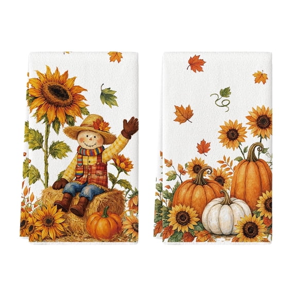 Sm:)e Scarecrow Maple Leaves Sunflower Pumpkins Fall Kitchen Dish Towels Set of 2, Soft & Absorbent Washcloth 18x26 Inch