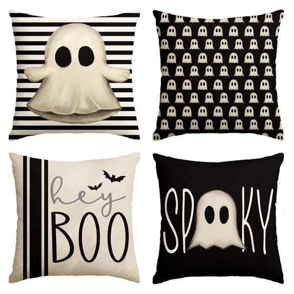 Sm:)e Scary Hey Boo Cute Ghost Spooky Halloween Throw Pillow Covers, 16X16 Inch Set of 4, Striped