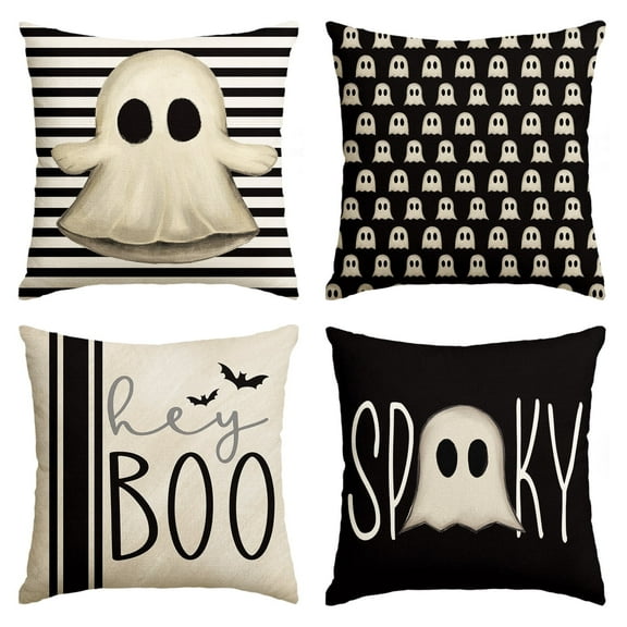 Sm:)e Scary Hey Boo Cute Ghost Spooky Halloween Throw Pillow Covers, 20X20 Inch Set of 4, Striped