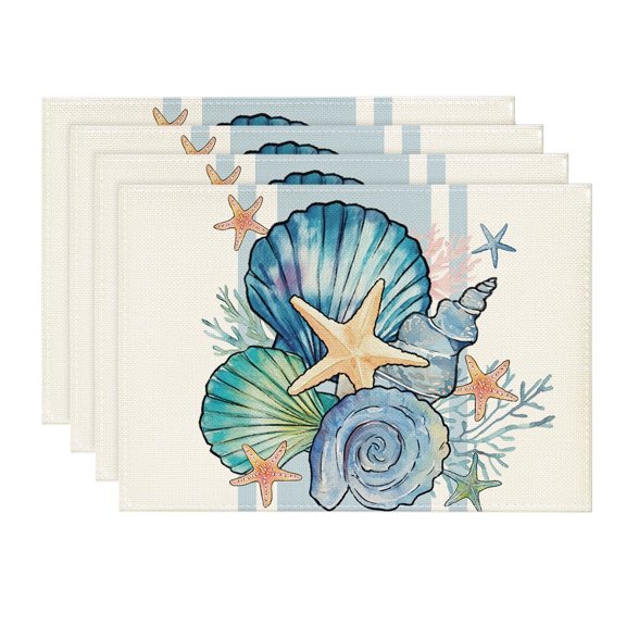 Sm:)e Sea Shell Starfish Beach Summer Placemats Set of 4, 12x18 Inch Seasonal Spring Ocean Coastal Table Mats for Party Kitchen Dining Decoration