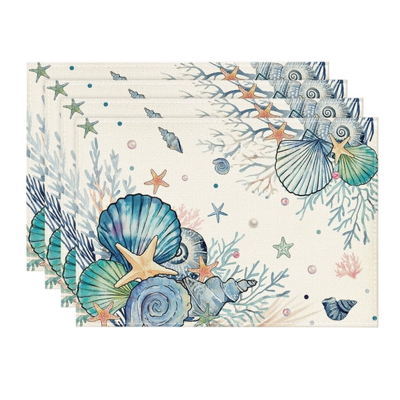 Sm:)e Sea Shell Starfish Beach Summer Placemats Set of 4 Seasonal Spring Ocean Coastal Table Mats for Party Kitchen Dining Decoration,12 x 18 Inch