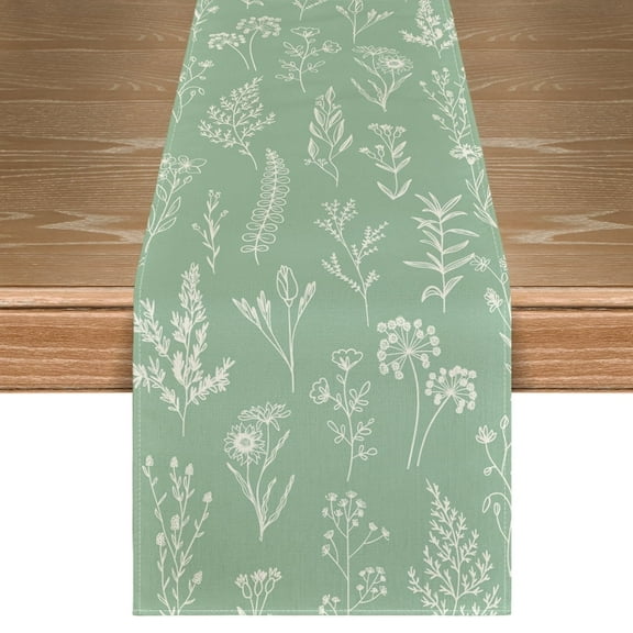 Sm:)e Seasonal 13’’ x 72’’ Easy Care Polyester Table Runner, Sage Green Leaves Flowers Table Runner