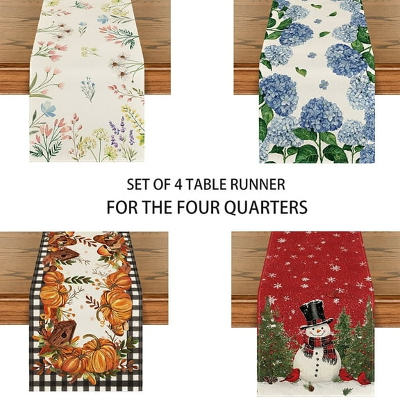 Sm:)e All Seasons Seasonal Decorative Set of 4 Table Runner for Dining Table 13 x 72 Inch, Spring, Summer, Autumn and Winter， Farmhouse Kitchen Dining Room Decoration