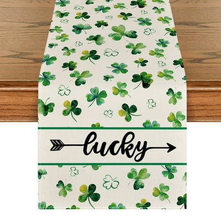 Sm:)e Shamrock Lucky St. Patrick's Day Table Runner 13 x 72 Inch, Home Kitchen Seasonal Decoration Holiday Table Decor