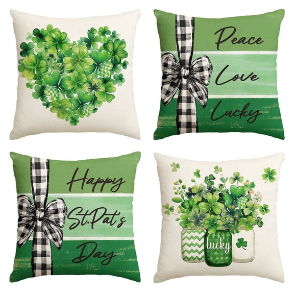 Sm:)e Shamrock Peace Love Lucky Happy St Patricks Day Pillow Cover Set of 4 18x18 Inch