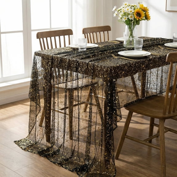 Sm:)e Black Silk Gold Foil Gauze Tablecloth 5x7 FT (60x84 Inch)- Glitter Metallic Sheer Table Cover for Dining, Wedding Reception, Party, Holiday Events - Durable & Stylish Home Decor