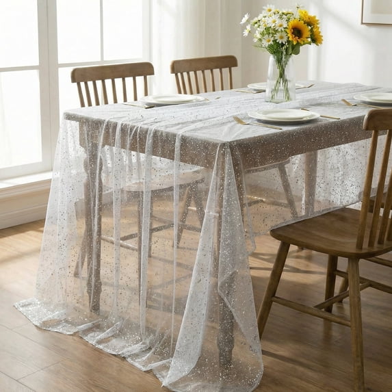 Sm:)e Silver Silk Gauze Tablecloth 5x7 FT (60x84 Inch)- Glitter Metallic Sheer Table Cover for Dining, Wedding Reception, Party, Holiday Events - Durable & Stylish Home Decor