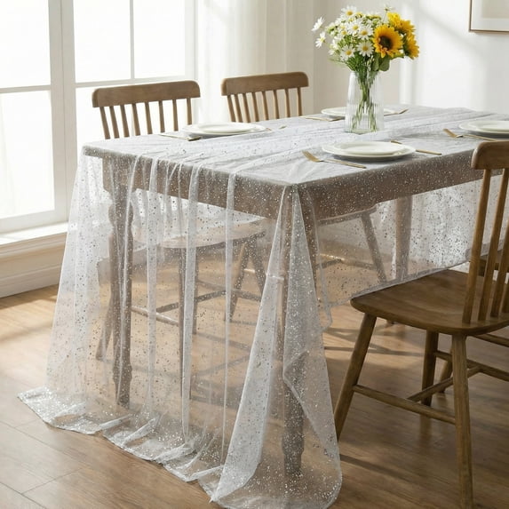 Sm:)e Silk Gold Foil Gauze Tablecloth Silver 60x84 Inch - Glitter Metallic Sheer Table Cover for Dining, Wedding, Party, and Events - Durable & Stylish Home Decor