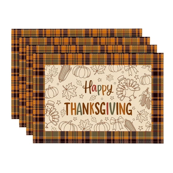 Sm:)e Simple Cartoon Pattern Turkey Maple Leaf Pumpkin Plaid Print Thanksgiving Placemats 12x18 Inch Set of 4, Fall Kitchen & Dining Table Decor