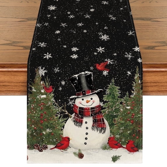 Smile Snowman Birds Trees Christmas Table Runner Black 13 x 108 Inch