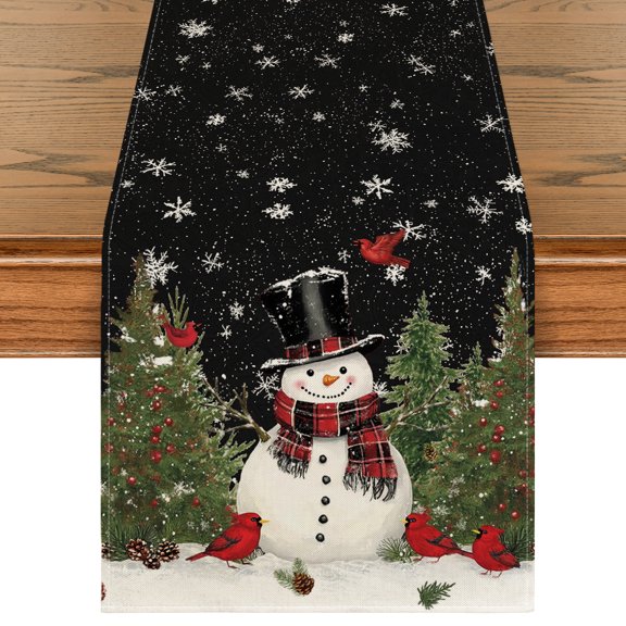 Smile Snowman Birds Trees Christmas Table Runner Black 13 x 60 Inch